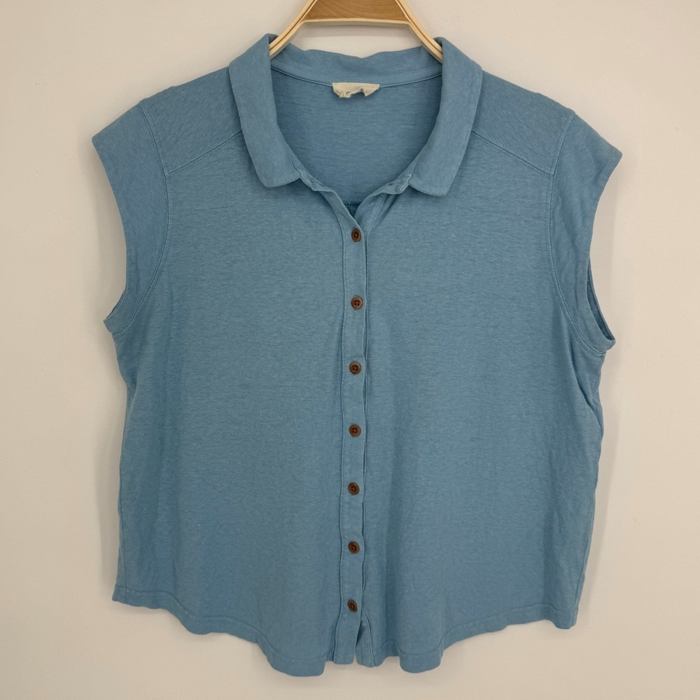 Poetry Button Front Sleeveless Polo Shirt 6 Blue Hemp Cotton Casual Coastal